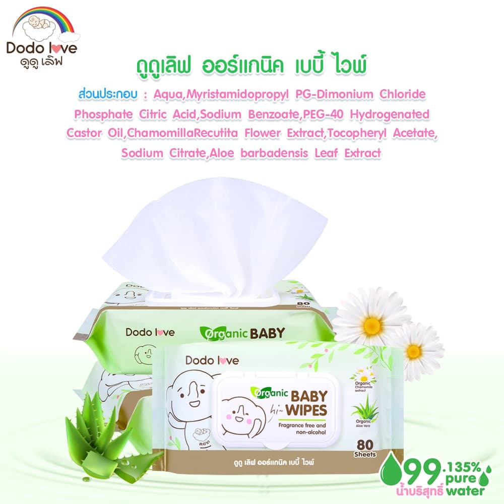 [1แถม1] DODOLOVE ทิชชู่เปียก Baby Wipes ผ้าเช็ดทำความสะอาดสำหรับเด็ก อ่อนโยน ปราศจากแอลกอฮอล์ - 3