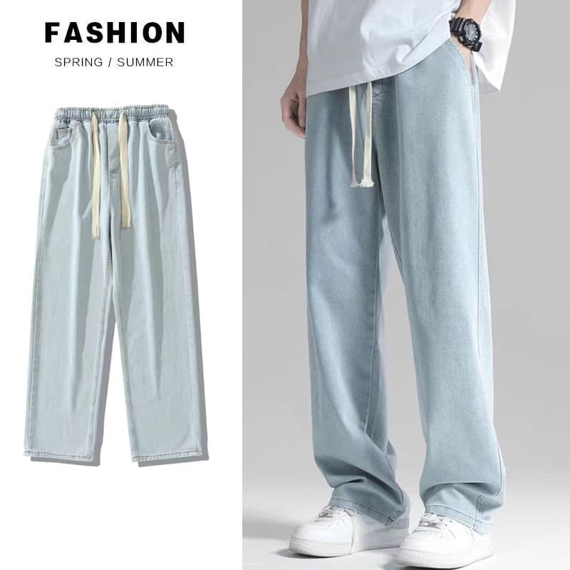 กางเกงยีนส์ยาวชาย ทรงกระบอกเอวสูง ใส่สบาย เอวยางยืด ปรับเอวด้วยเชือก เท่ๆเข้ากับทุกแนว 5สี ฟ้าอ่อน ดำ ยีนส์ เทา