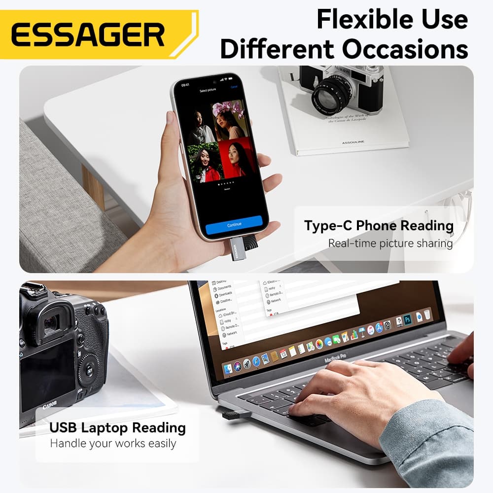 Essager Dual-Port USB 2.0 Type-C และ USB-A ถึง TF/Micro SD Card Reader รองรับสูงสุด 512GB - 5