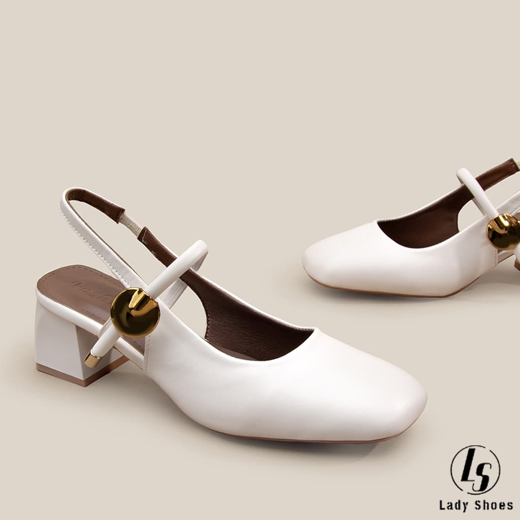 [LS] รองเท้าทำงานผู้หญิง รองเท้าส้นบล็อกสีขาว 2 นิ้ว สายข้อเท้า - สำหรับเจ้าสาว งานแต่ง ใส่ทำงาน ได้