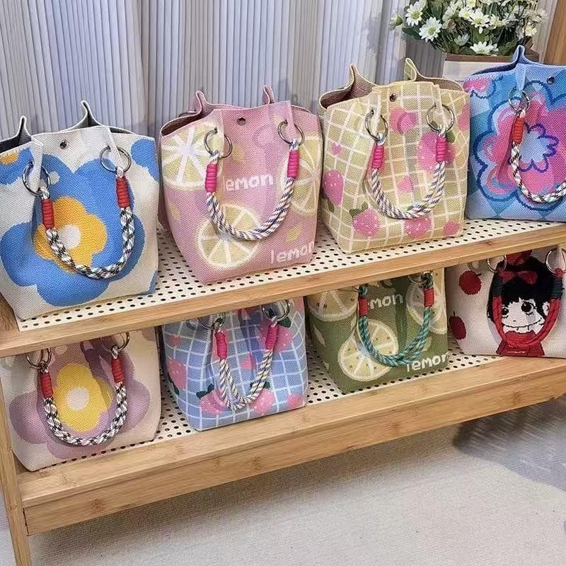 กระเป๋าถือถักนิตติ้ง ดีไซน์เฉพาะ ทันสมัย สำหรับผู้หญิง เหมาะสำหรับการเดินทาง ถ่ายภาพ กระเป๋ากล่องอาหารกลางวัน กระเป๋าถัง