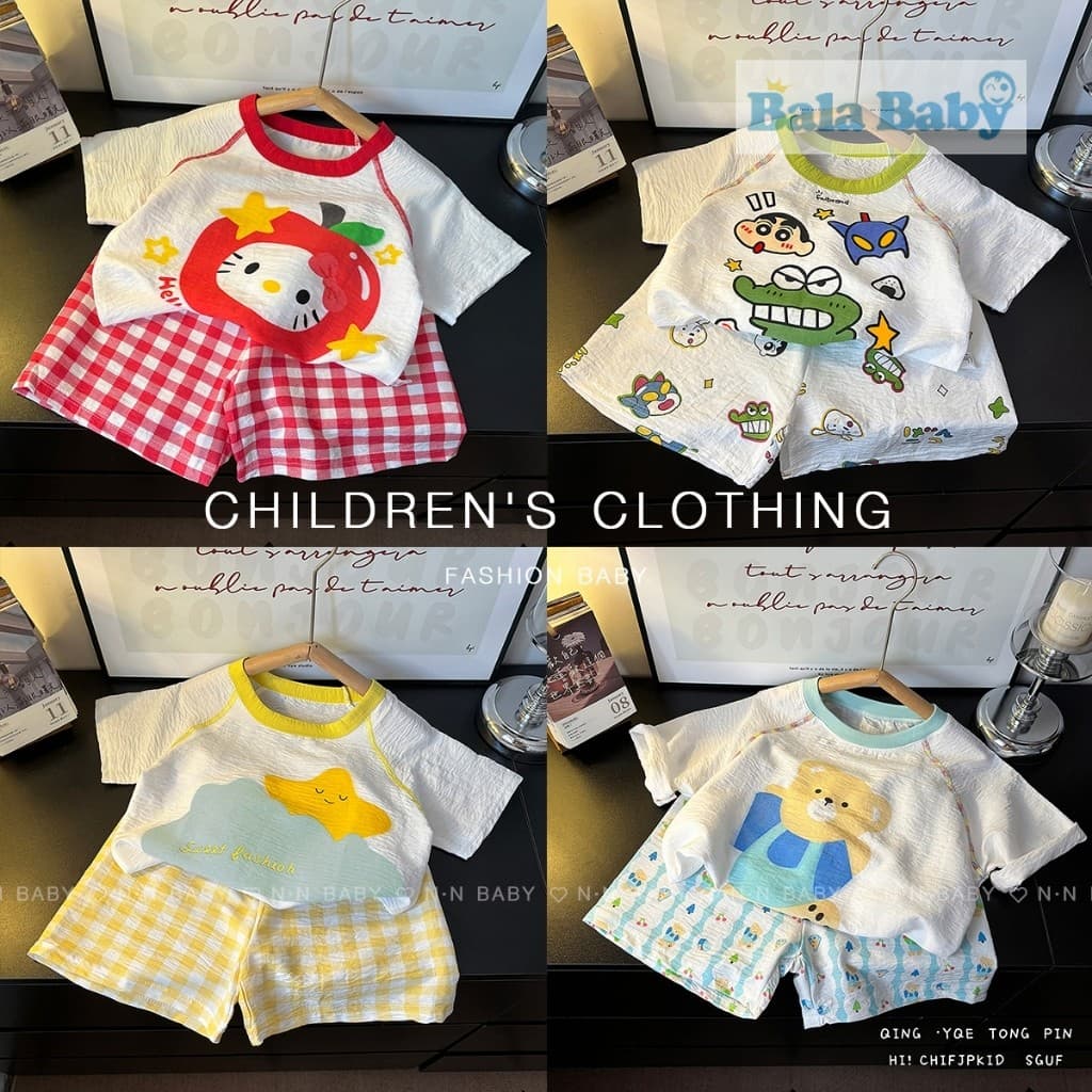 เสื้อผ้าเด็ก ชุดลำลองเด็ก ชุดอยู่บ้านใส่สบาย เสื้อแขนสั้น+กางเกงขาสั้น SIZE80-120CM DXT68 - 1