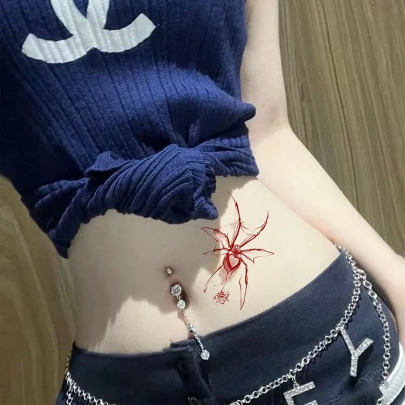 สติกเกอร์รอยสักชั่วคราว กันน้ํา ลายแมงมุม สีแดงเข้ม - 6