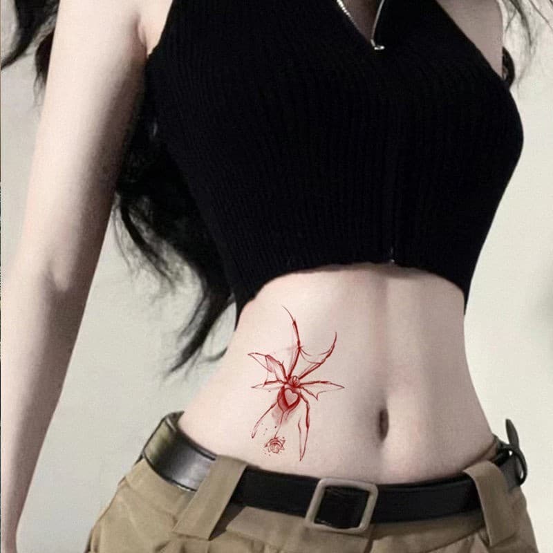 สติกเกอร์รอยสักชั่วคราว กันน้ํา ลายแมงมุม สีแดงเข้ม - 5