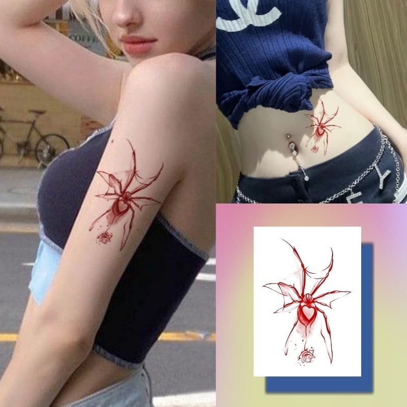 สติกเกอร์รอยสักชั่วคราว กันน้ํา ลายแมงมุม สีแดงเข้ม