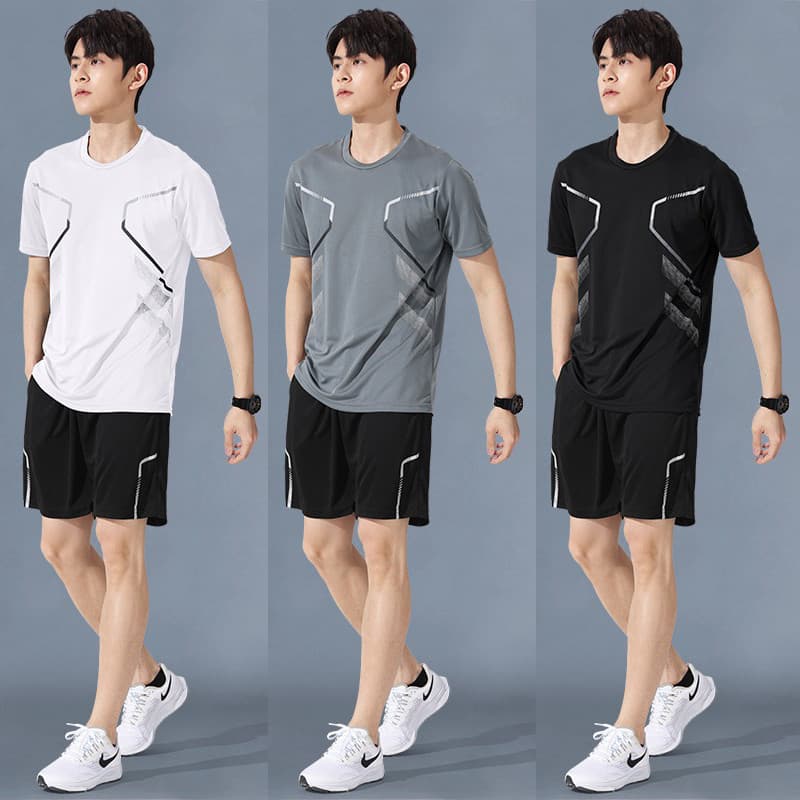 2026 ผู้ชายกีฬาเสื้อยืดและกางเกงขาสั้นชุดแห้งเร็วระบายอากาศฟิตเนสยิมวิ่ง/บาสเกตบอล/แบดมินตันการฝึกอบรม การทําตัวให้ผอม ฟิตเนสเสื้อผ้าสีดําและสีขาวสีเทา