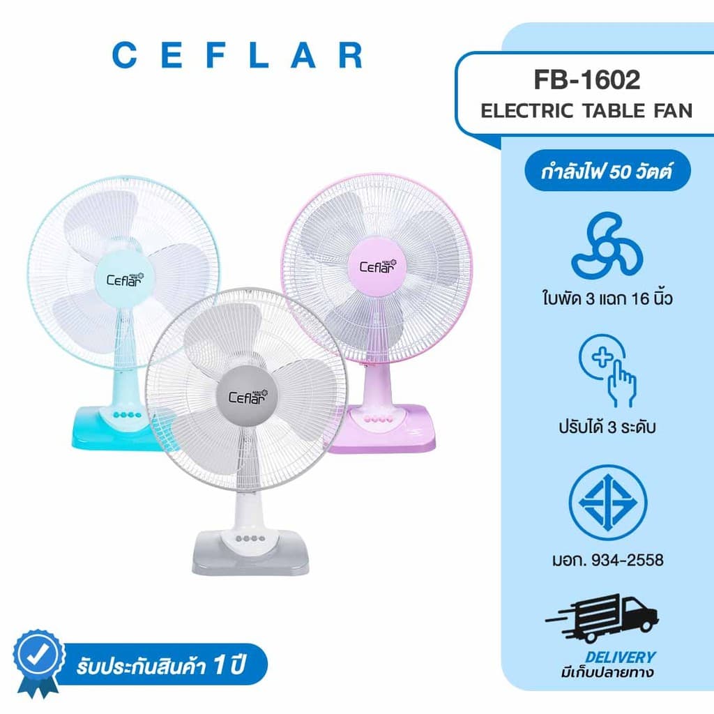 CEFLAR พัดลมตั้งโต๊ะ 16" FB-1602 ลมแรง เงียบ ปรับระดับได้ ประหยัดไฟ แข็งแรง ทนทาน