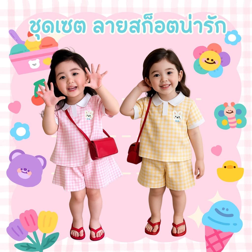 DOlemi Baby ชุดเสื้อ เสื้อแขนสั้น+ กางเกงขาสั้น ชุดเซตน่ารัก ลายสก็อต สไตล์เกาหลี ใหม่ สำหรับเด็กหญิง