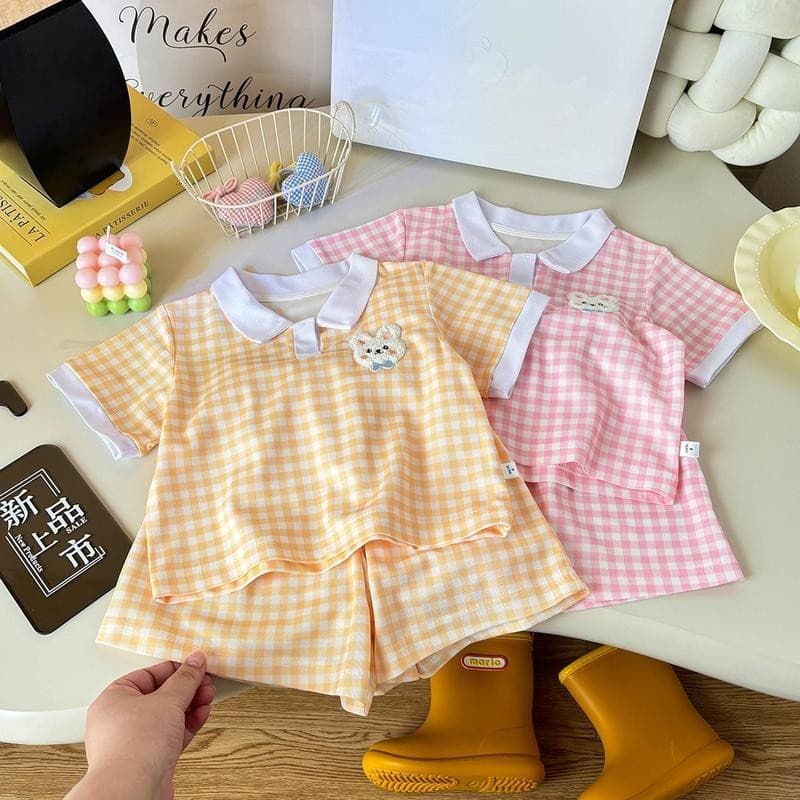 DOlemi Baby ชุดเสื้อ เสื้อแขนสั้น+ กางเกงขาสั้น ชุดเซตน่ารัก ลายสก็อต สไตล์เกาหลี ใหม่ สำหรับเด็กหญิง - 4