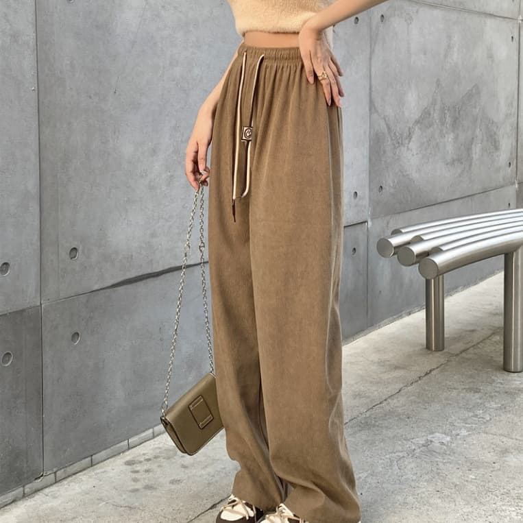 พร้อมส่งในไทย**กางเกงขายาวเอวสูง เอวยางยืด ขายาว ผ้าลูกฟูกหนานุ่ม K50 - 4