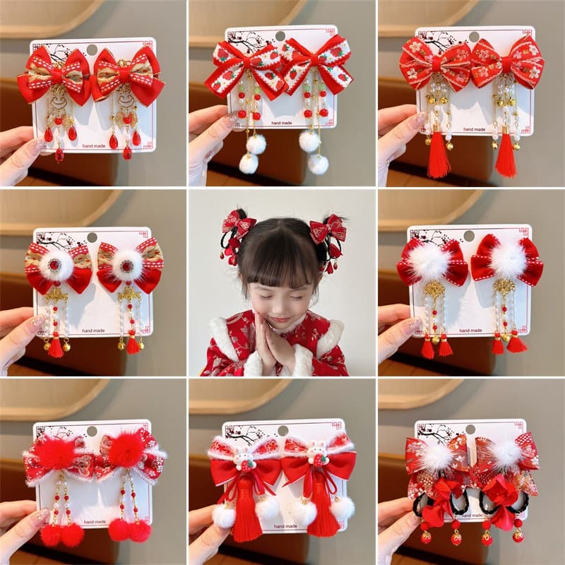 Babyonline(Y379)2F4 (ส่งด่วน1วัน)กิ๊ฟติดผมเด็กวันตรุษจีน1 เซ็ต 2 ชิ้น ประดับโบว์ พู่ ดอกไม้