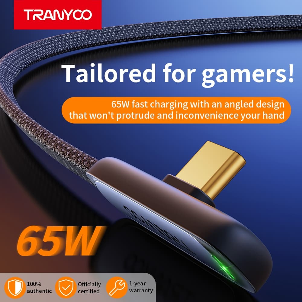 TRANYOO CC3 สายชาร์จเกม 90° สำหรับเล่นเกม 30W Ligh&ning 65W Type-C ยาว 1.2 เมตร - 1
