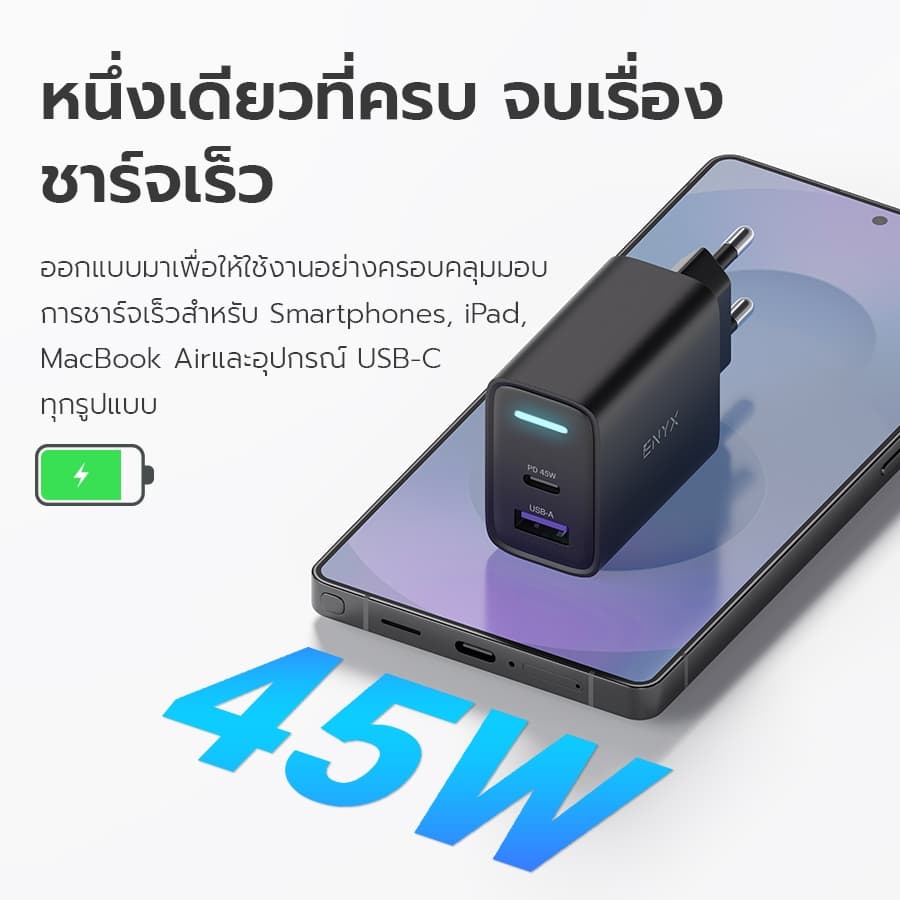 ENYX หัวชาร์จ PD 45W GaN A4S ที่ชาร์จ USB-C Fast Charger อะแดปเตอร์ สำหรับ IP15 Charger Samsung 1OS - 1