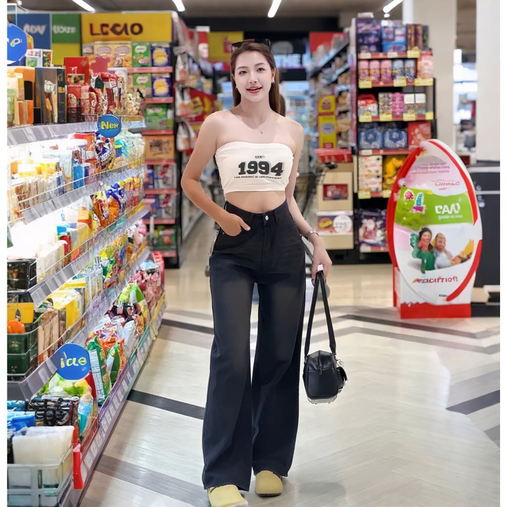 กางเกงยีนส์ ขากระบอกใหญ่ กางเกงยีนส์วินเทจ ทรงสวย ทรงหลวม - 2