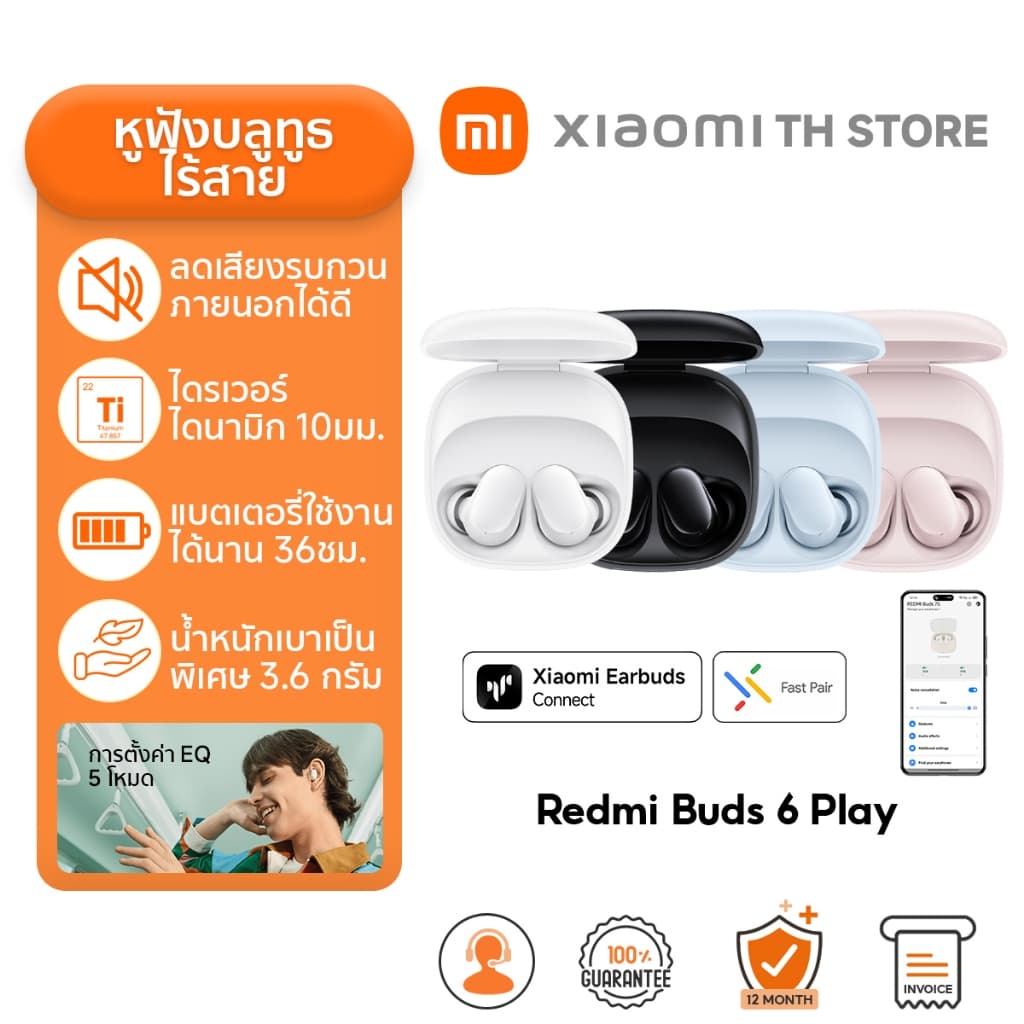 Xiaomi Redmi Buds 6 Play หูฟังบลูทูธ I ลดเสียงรบกวน AI การโทรที่ชัดเจน I น้ำหนักเบาเป็นพิเศษ 3.6 กรัม I หูฟัง Earphone