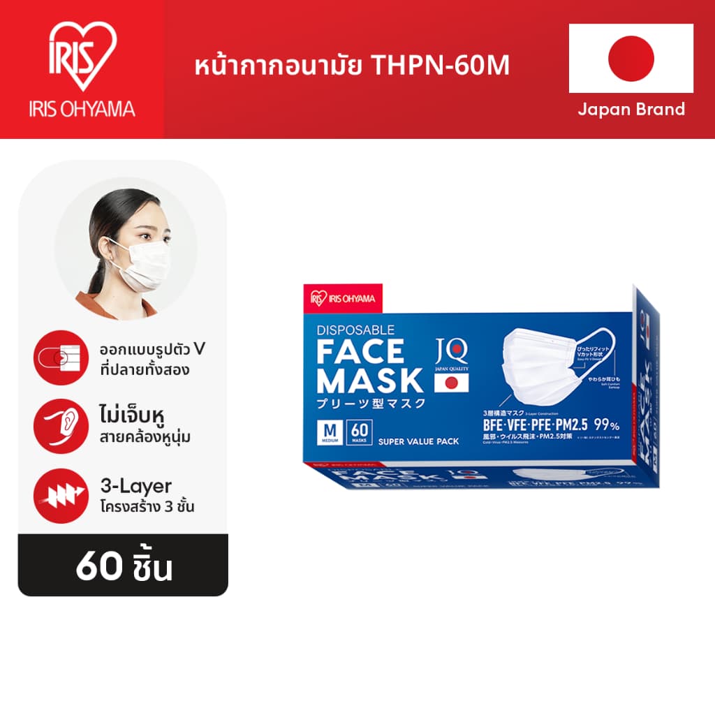 IRIS OHYAMA ไอริส โอยามะ หน้ากากอนามัย คุณภาพมาตรฐานแบรนด์ญี่ปุ่น Size M ป้องกันเชื้อโรค และฝุ่นละออง แบบกล่อง 60 ชิ้น