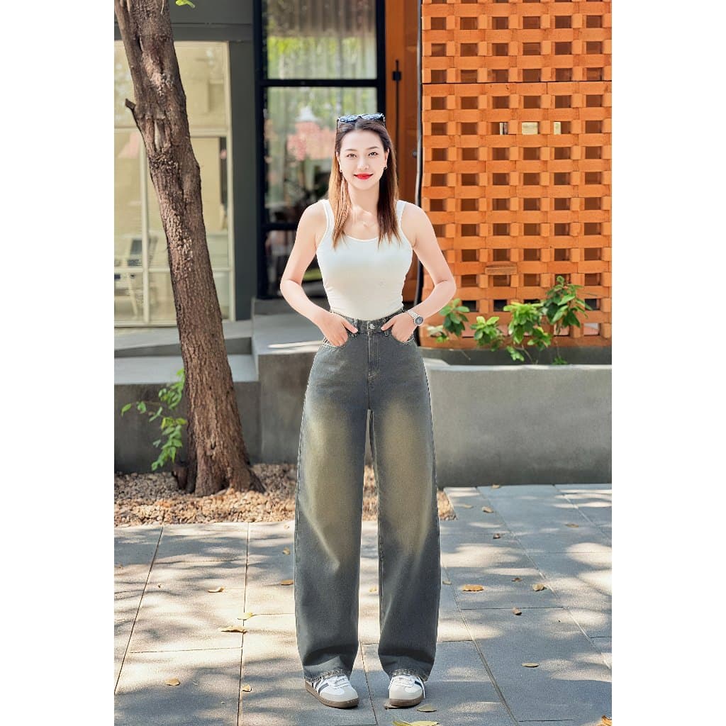 กางเกงยีนส์ ขากระบอกใหญ่ กางเกงยีนส์วินเทจ ทรงสวย ทรงหลวม - 4