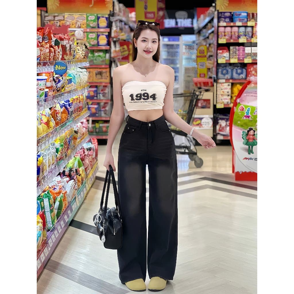 กางเกงยีนส์ ขากระบอกใหญ่ กางเกงยีนส์วินเทจ ทรงสวย ทรงหลวม - 1