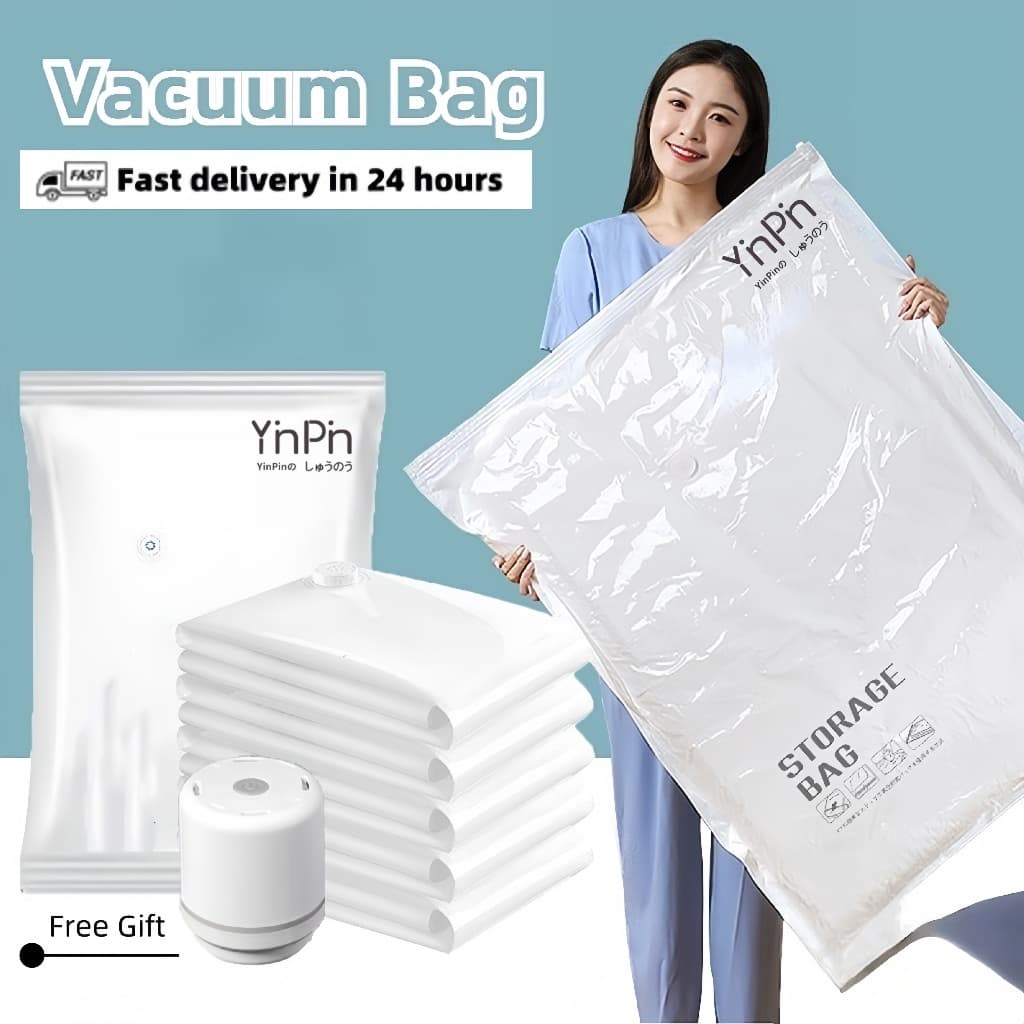 ถุงสูญญากาศ กันฝุ่นชื้น จัดเก็บเสื้อผ้าผ้าห่ม ประหยัดพื้นที่ 10-40ชิ้น ใช้ซ้ำได้ ปั๊มลมไร้สาย