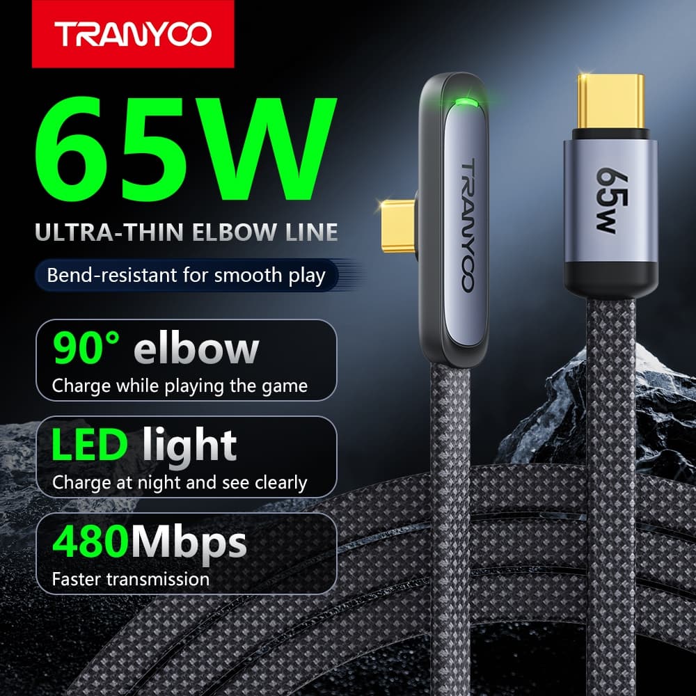 TRANYOO CC3 สายชาร์จเกม 90° สำหรับเล่นเกม 30W Ligh&ning 65W Type-C ยาว 1.2 เมตร