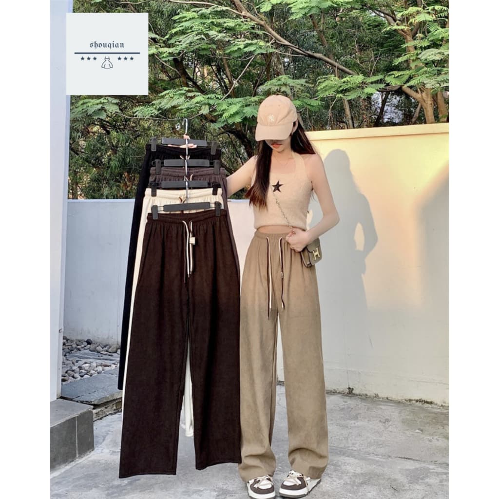 พร้อมส่งในไทย**กางเกงขายาวเอวสูง เอวยางยืด ขายาว ผ้าลูกฟูกหนานุ่ม K50