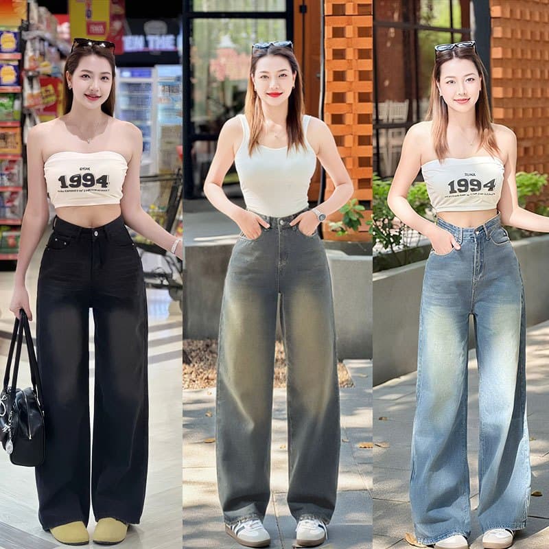 กางเกงยีนส์ ขากระบอกใหญ่ กางเกงยีนส์วินเทจ ทรงสวย ทรงหลวม