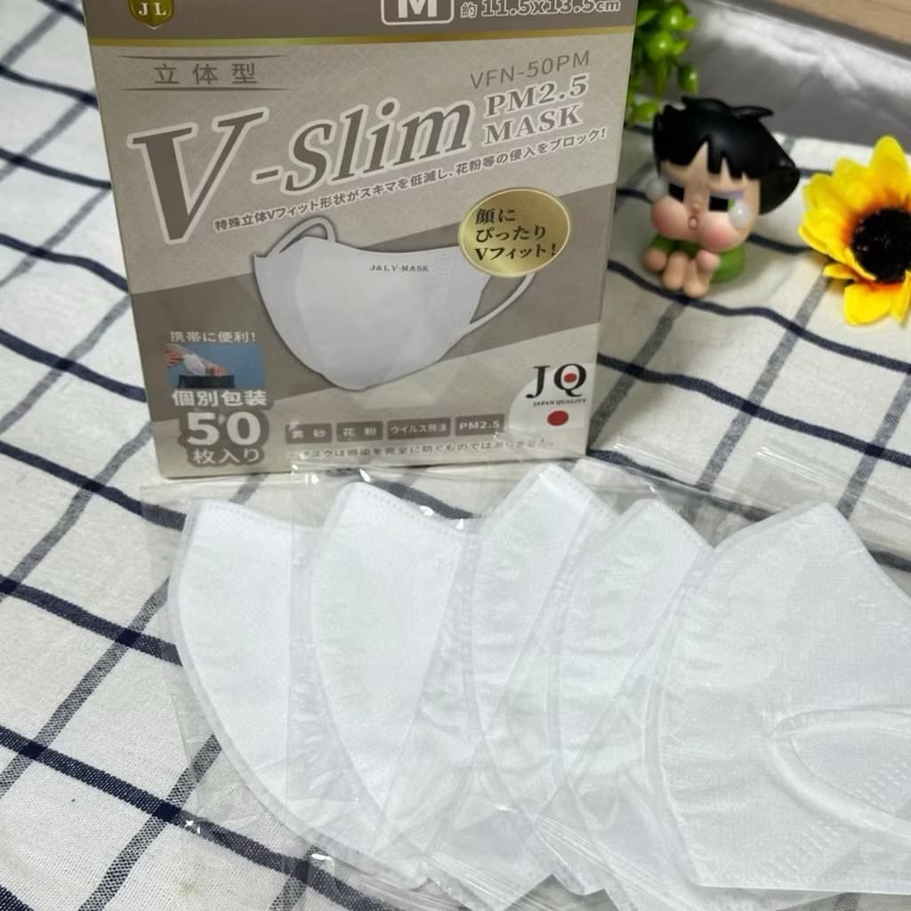 แมสผู้ใหญ่V-SLIM ไซส์ M 50ชิ้น/กล่อง หน้าเรียว หนา3ชั้น  สายนิ่ม 5MM.กระชับหน้า เเก้มไม่ล้นพร้อมส่ง - 5