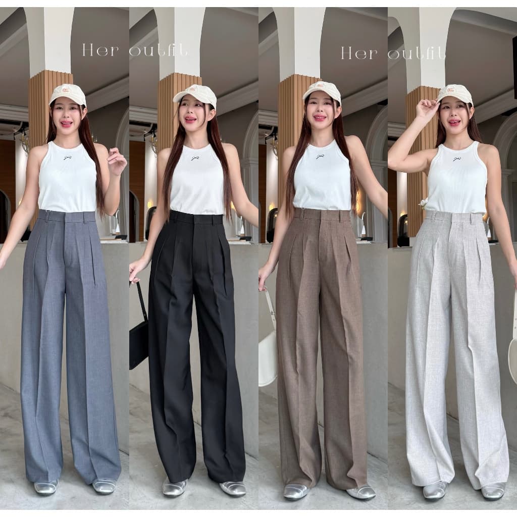 กางเกงทรงกระบอกใหญ่ Classy pants ผ้าโซดาพื้นพรีเมี่ยมเนื้อผ้าเกรดเนียนนุ่ม ทิ้งตัวสวย  ทรงกระบอกใหญ่ เเต่ง 2 จีบทวิต