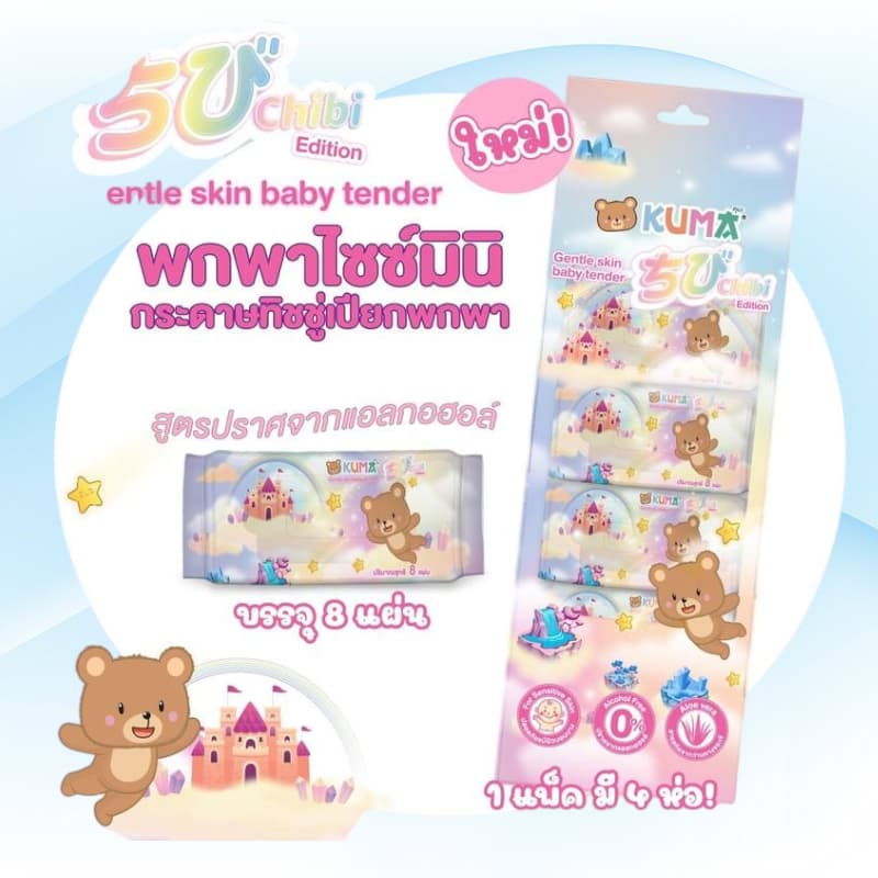 [แพค] KUMA Chibi คุมะ ชิบิ กระดาษทิชชู่เปียกพกพา แพค 4 ห่อ ห่อละ 8 แผ่น ห่อจิ๋ว ไซต์มินิ - 3