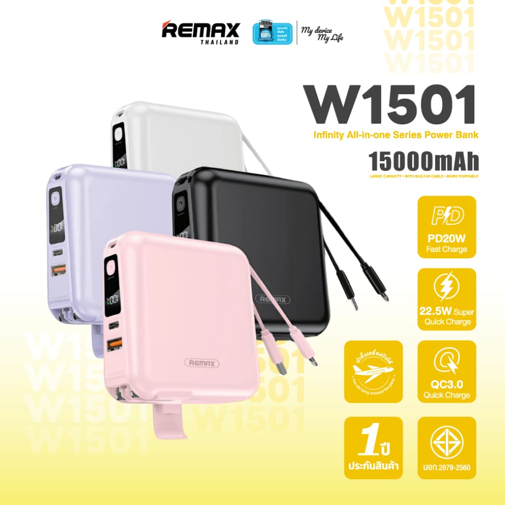 Remax Power Bank  ความจุ 15,000 mAh (W1501) - แบตสำรอง ชาร์จไว มีสายชาร์จและปลั๊กในตัว - 1
