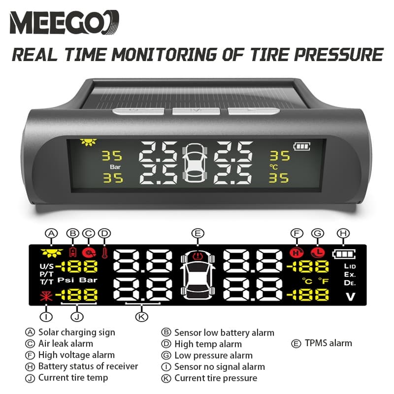 MeeGoo เครื่องวัดความดันลมยางรถยนต์แบบไร้สาย TPMS ชาร์จด้วยโซล่าเซล เซ็นเซอร์ภายนอก 4 ตัว - 6