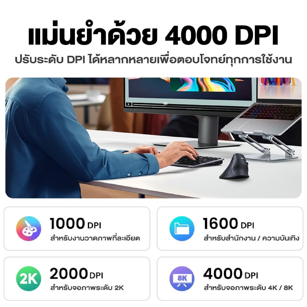Ugreen เมาส์ไร้สาย Vertical Ergonomic mouse เมาส์เพื่อสุขภาพ เมาส์แนวตั้งไร้สาย ไร้เสียง รุ่น 25444 - 4