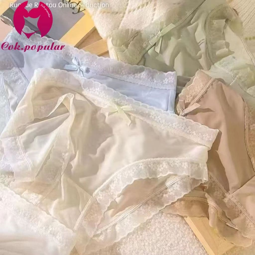 #388 สไตล์ญี่ปุ่น ระบายอากาศ ไร้ตะเข็บ เหมาะสำหรับเด็กผู้หญิง เป้าผ้าฝ้าย เอวกลาง บาง มีขอบลูกไม้ กางเกงใน