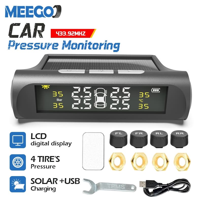 MeeGoo เครื่องวัดความดันลมยางรถยนต์แบบไร้สาย TPMS ชาร์จด้วยโซล่าเซล เซ็นเซอร์ภายนอก 4 ตัว