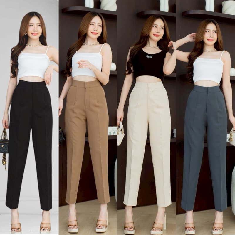 กางเกงทำงานทรงขากระบอกเล็กตะขอหน้าเอวสูง 9 ส่วน ผ้าไมโคร [ AC ]