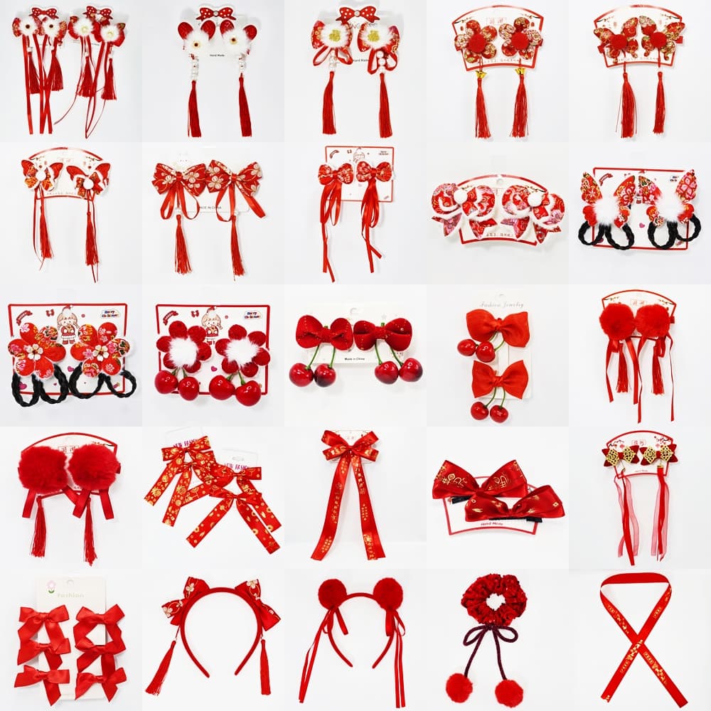 กิ๊บติดผมตรุษจีน ผูกโบว์ตรุษจีน กิ๊บติดผมจีน ปอมปอม สีแดง ยางรัดผมตรุษจีน