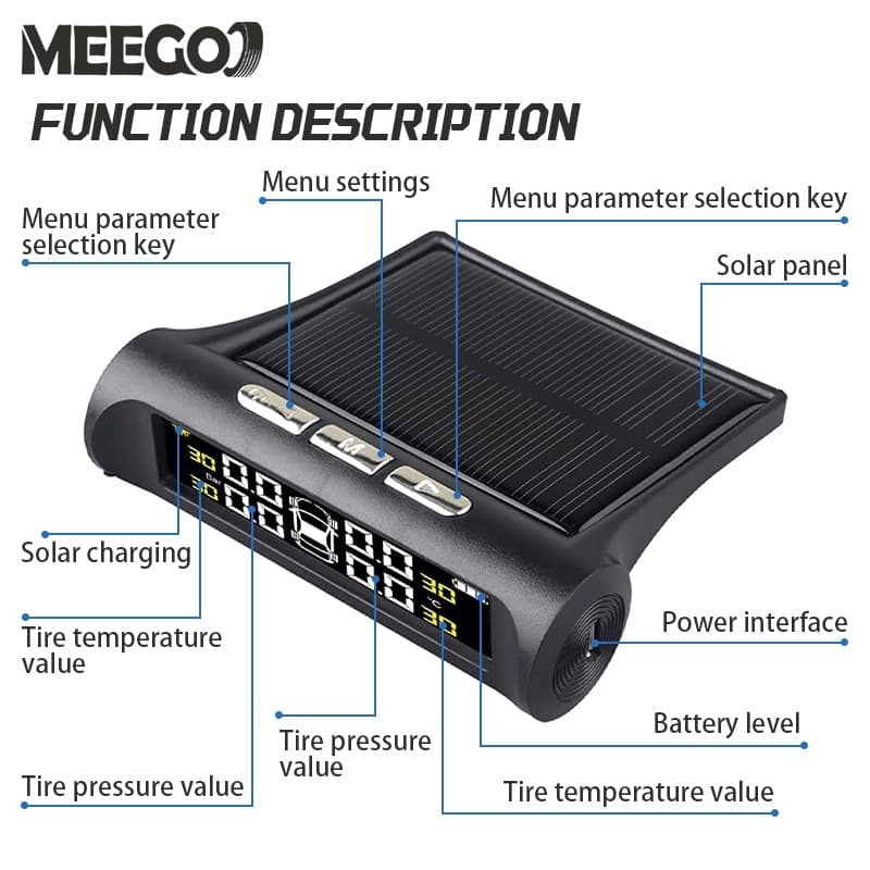 MeeGoo เครื่องวัดความดันลมยางรถยนต์แบบไร้สาย TPMS ชาร์จด้วยโซล่าเซล เซ็นเซอร์ภายนอก 4 ตัว - 4