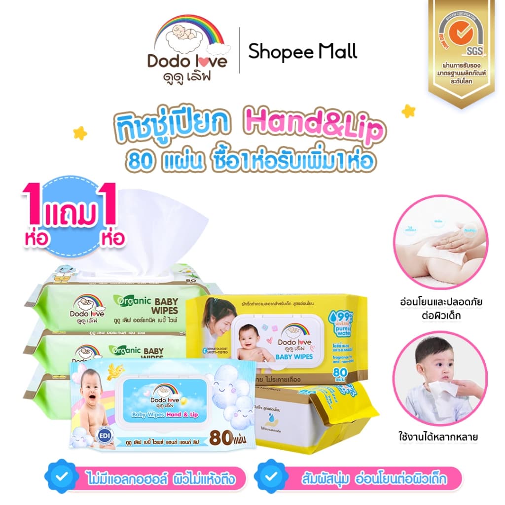 [1แถม1] DODOLOVE ทิชชู่เปียก Baby Wipes ผ้าเช็ดทำความสะอาดสำหรับเด็ก อ่อนโยน ปราศจากแอลกอฮอล์