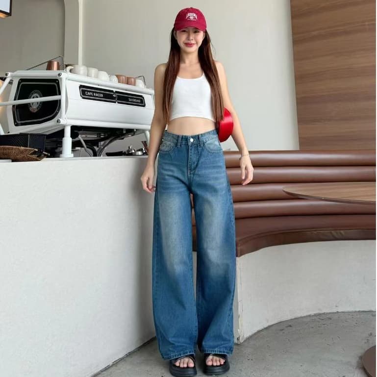 กางเกงยีนส์เอวสูง ทรงลิซ่า กระบอกใหญ่ ทรงสวย ใส่ สบาย แมทง่าย ใส่ได้ทุกลุค - 4