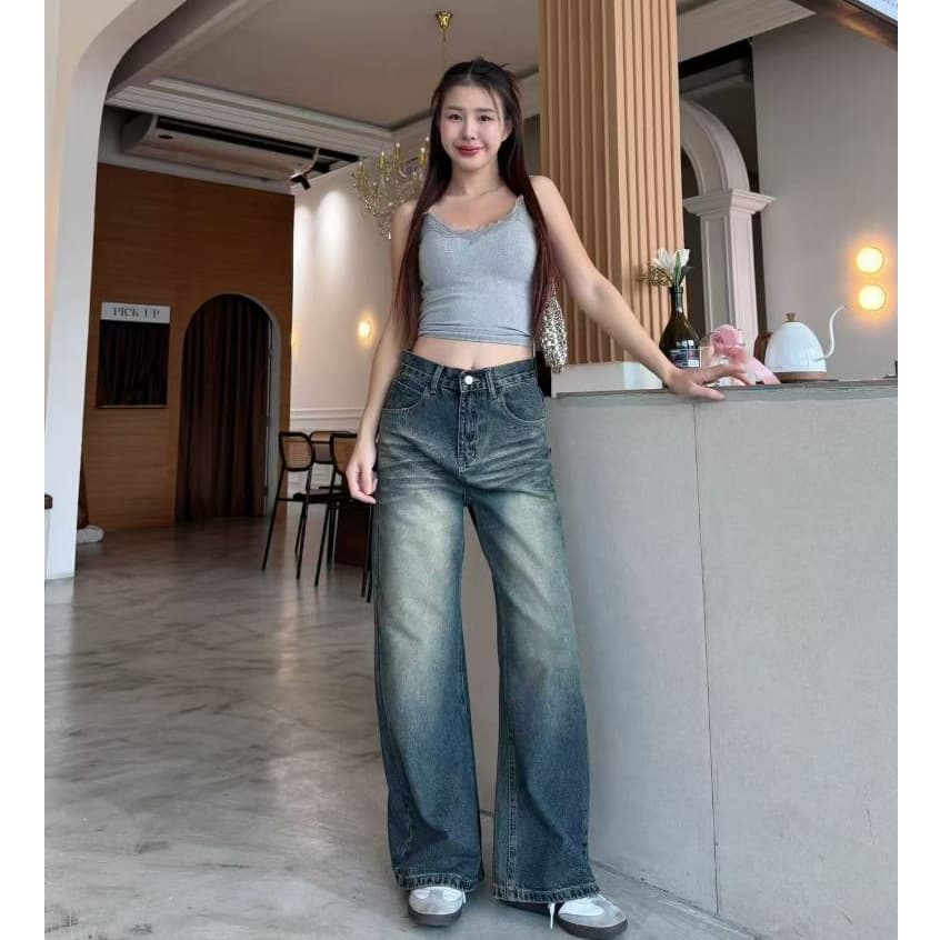 กางเกงยีนส์เอวสูง ทรงลิซ่า กระบอกใหญ่ ทรงสวย ใส่ สบาย แมทง่าย ใส่ได้ทุกลุค - 5