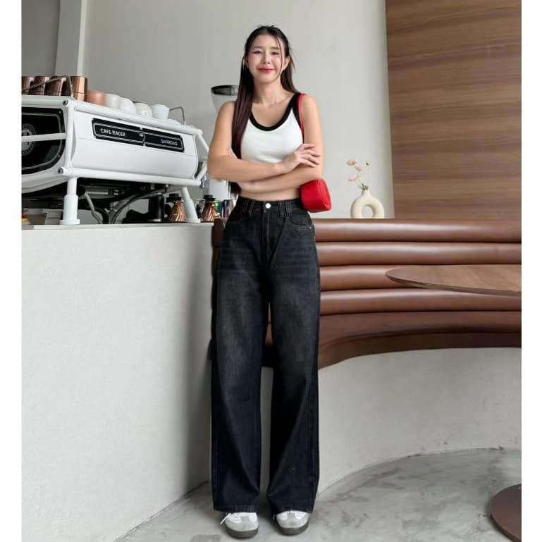 กางเกงยีนส์เอวสูง ทรงลิซ่า กระบอกใหญ่ ทรงสวย ใส่ สบาย แมทง่าย ใส่ได้ทุกลุค - 1
