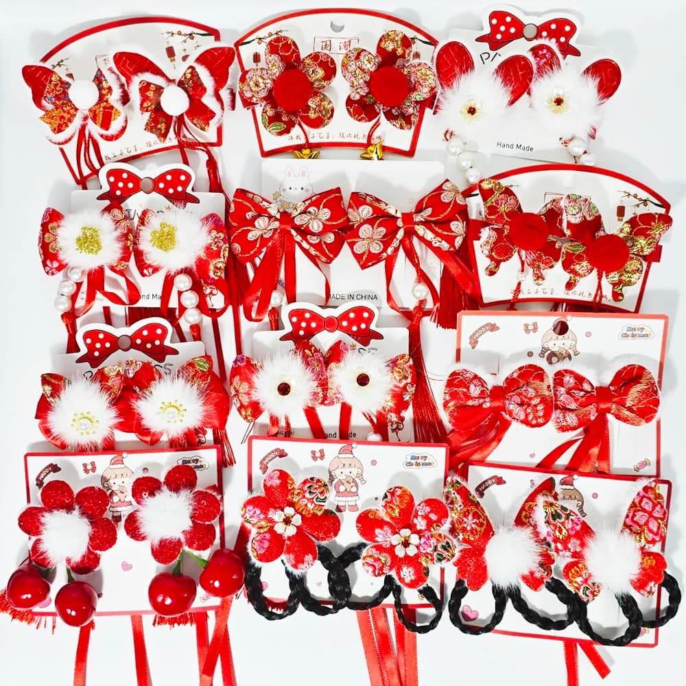 กิ๊บติดผมตรุษจีน ผูกโบว์ตรุษจีน กิ๊บติดผมจีน ปอมปอม สีแดง ยางรัดผมตรุษจีน - 1