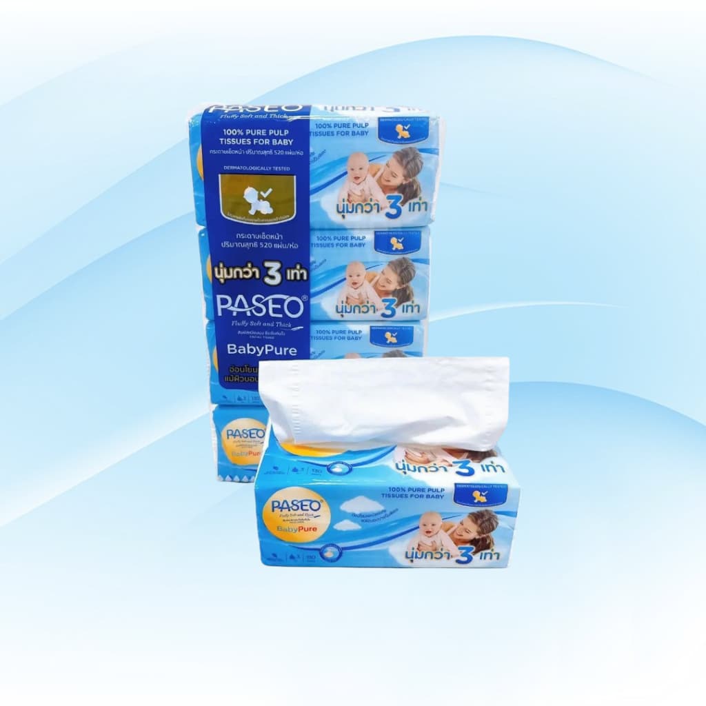 [เซท 2 แพค] Paseo Baby กระดาษทิชชู่เช็ดหน้า พาซิโอ เบบี้ ห่อ130แผ่น หนา3ชั้น แพค4ห่อ เพื่อผิวหน้า - 1