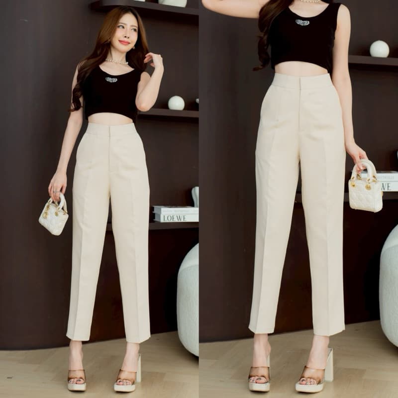 กางเกงทำงานทรงขากระบอกเล็กตะขอหน้าเอวสูง 9 ส่วน ผ้าไมโคร [ AC ] - 2