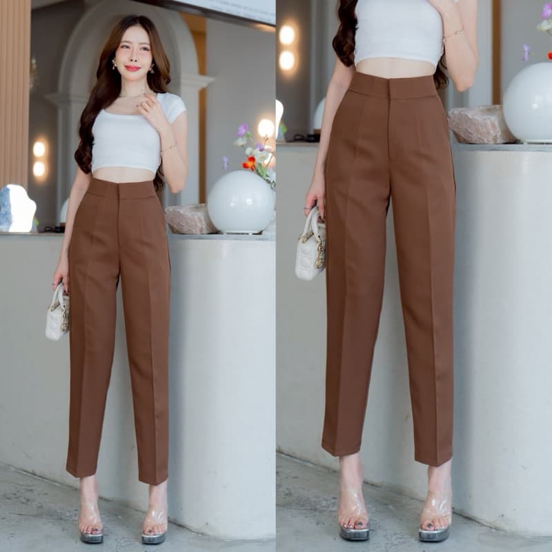 กางเกงทำงานทรงขากระบอกเล็กตะขอหน้าเอวสูง 9 ส่วน ผ้าไมโคร [ AC ] - 5