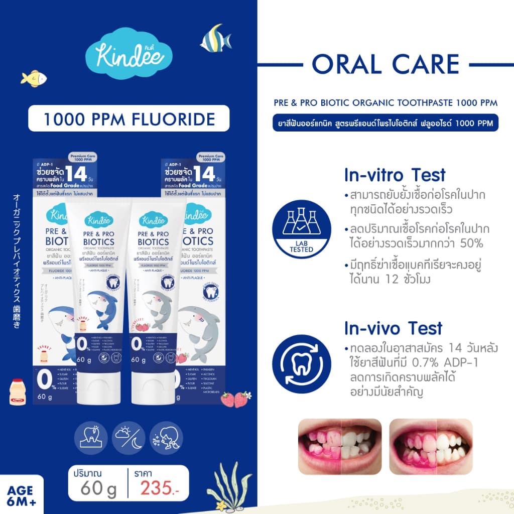 Kindee คินดี้ แปรงสีฟัน ยาสีฟันออร์แกนิค สูตรพรีแอนด์โพรไบโอติกส์ มีฟลูออไรด์ (60 กรัม) - 2