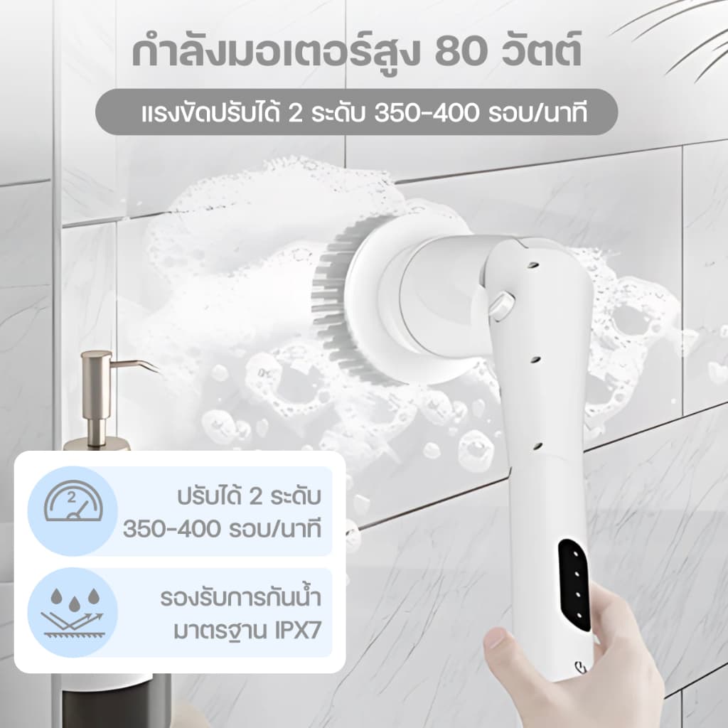 Homemi แปรงทำความสะอาดไฟฟ้า รุ่น Lite แถมหัวเปลี่ยน 5 แบบ ขัดห้องน้ำ ล้างรถ เช็ดกระจก (HM0096-P-WH) - 1