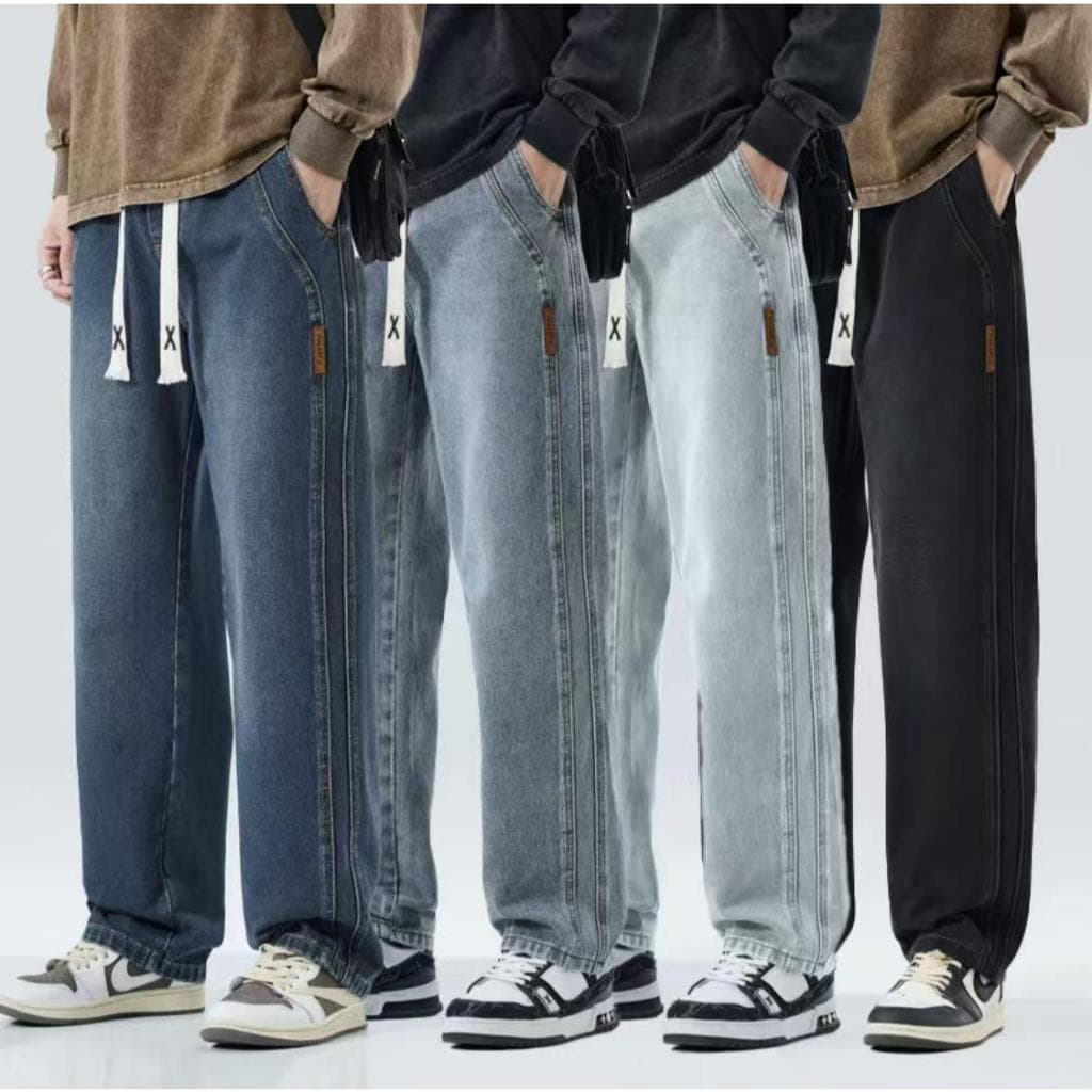 M-5XL กางเกงยีนส์ผู้ชายกระบอก เกาหลี แฟชั่น วินเทจ ทรงหลวม สแลคกางเกงขา ยาวผู้ชาย