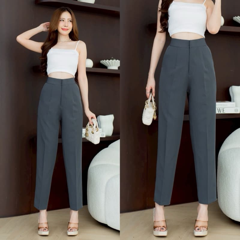 กางเกงทำงานทรงขากระบอกเล็กตะขอหน้าเอวสูง 9 ส่วน ผ้าไมโคร [ AC ] - 1