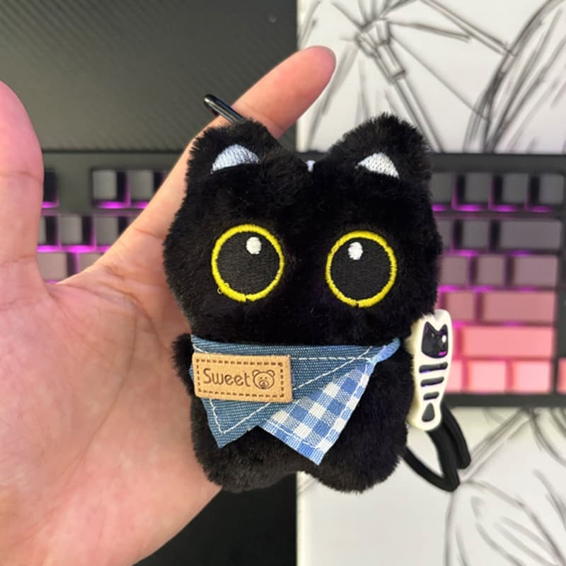 พวงกุญแจตุ๊กตาแมวดำตาโตน่ารัก ของขวัญคู่รักกอดปลาตัวน้อย พวงกุญแจแมวดำสุดครีเอทีฟ - 6